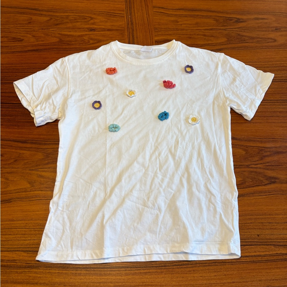 Kids White T-Shirt with Colorful Flower Accents